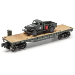 Menards 279-9433 Army Flatcar With 1947 Power Wagon O SCALE NEW(Menards 279 9433 Army Flatcar With 1947 Power Wagon New)