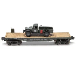 Menards 279-9433 Army Flatcar With 1947 Power Wagon O SCALE NEW(Menards 279 9433 Army Flatcar With 1947 Power Wagon New) -BRADY’S TRAINS MODELs 279 9433B